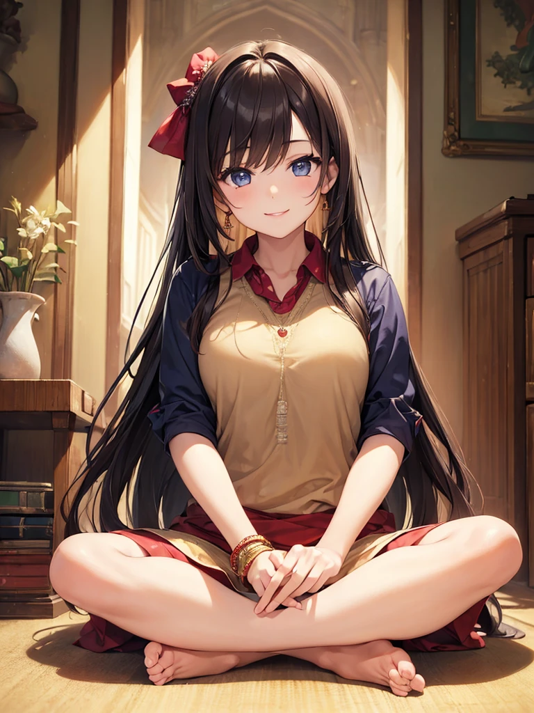 (masterpiece:1.5),(Beat quality),(high res),1girl solo,beautiful face,smile(shining eyes),light effects,Woman in plain clothes,indian style sitting,room