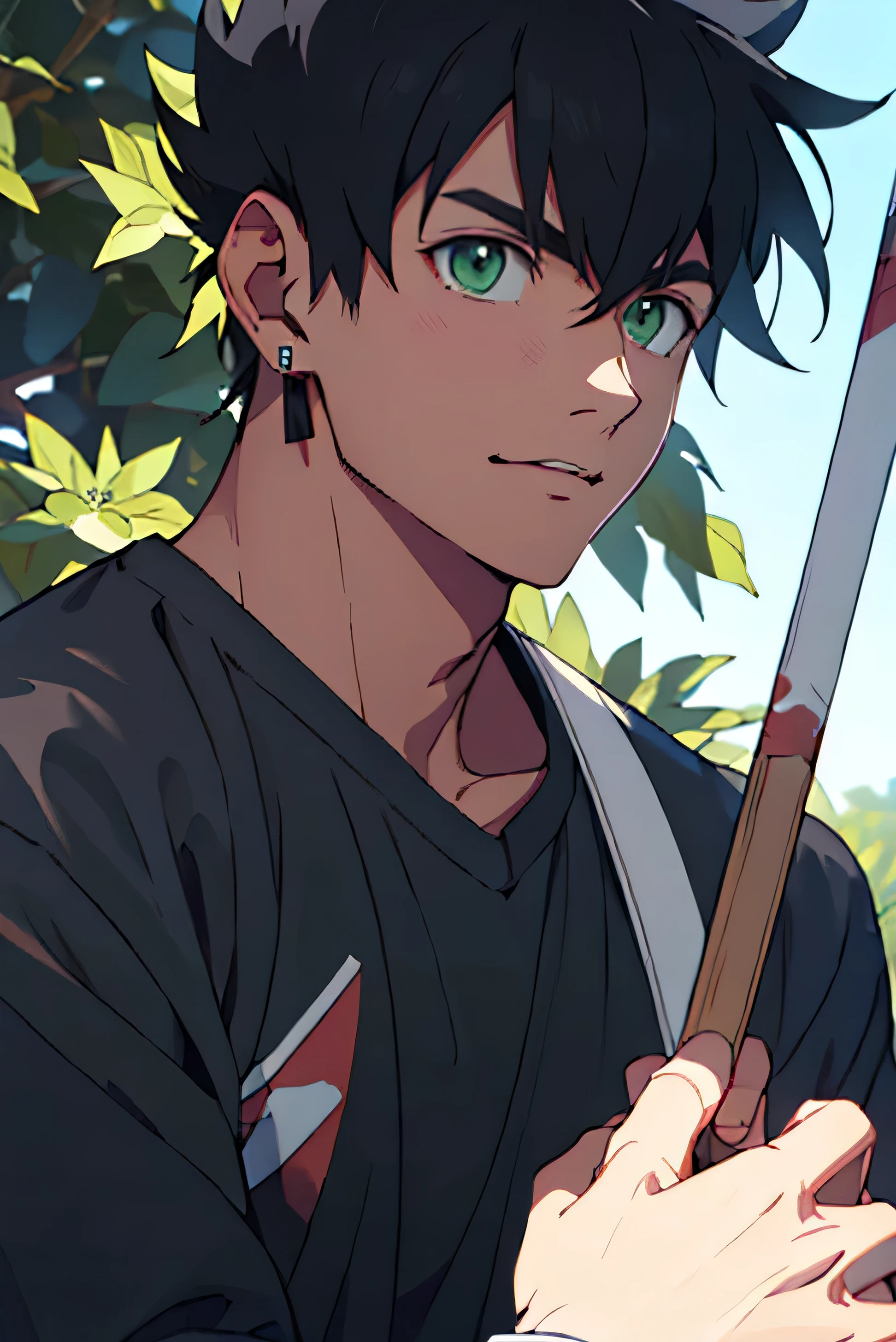 ((best quality)), ((masterpiece)), (detailed), 1guy, black hunter outfit, short smooth black hair, green eyes, hanafuda earrings