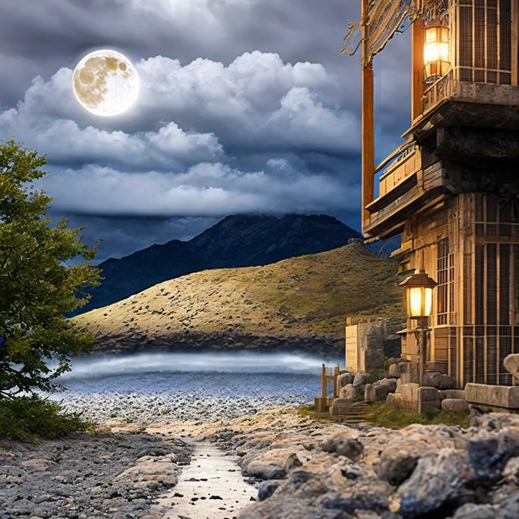 Full moon, in the sky, partly cloudy, with stars behind it