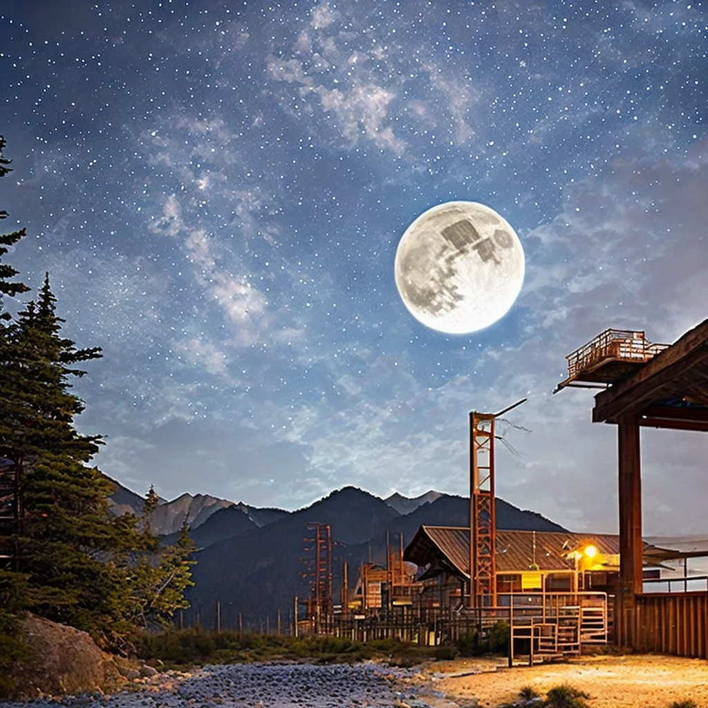 Full moon, in the sky, partly cloudy, with stars behind it