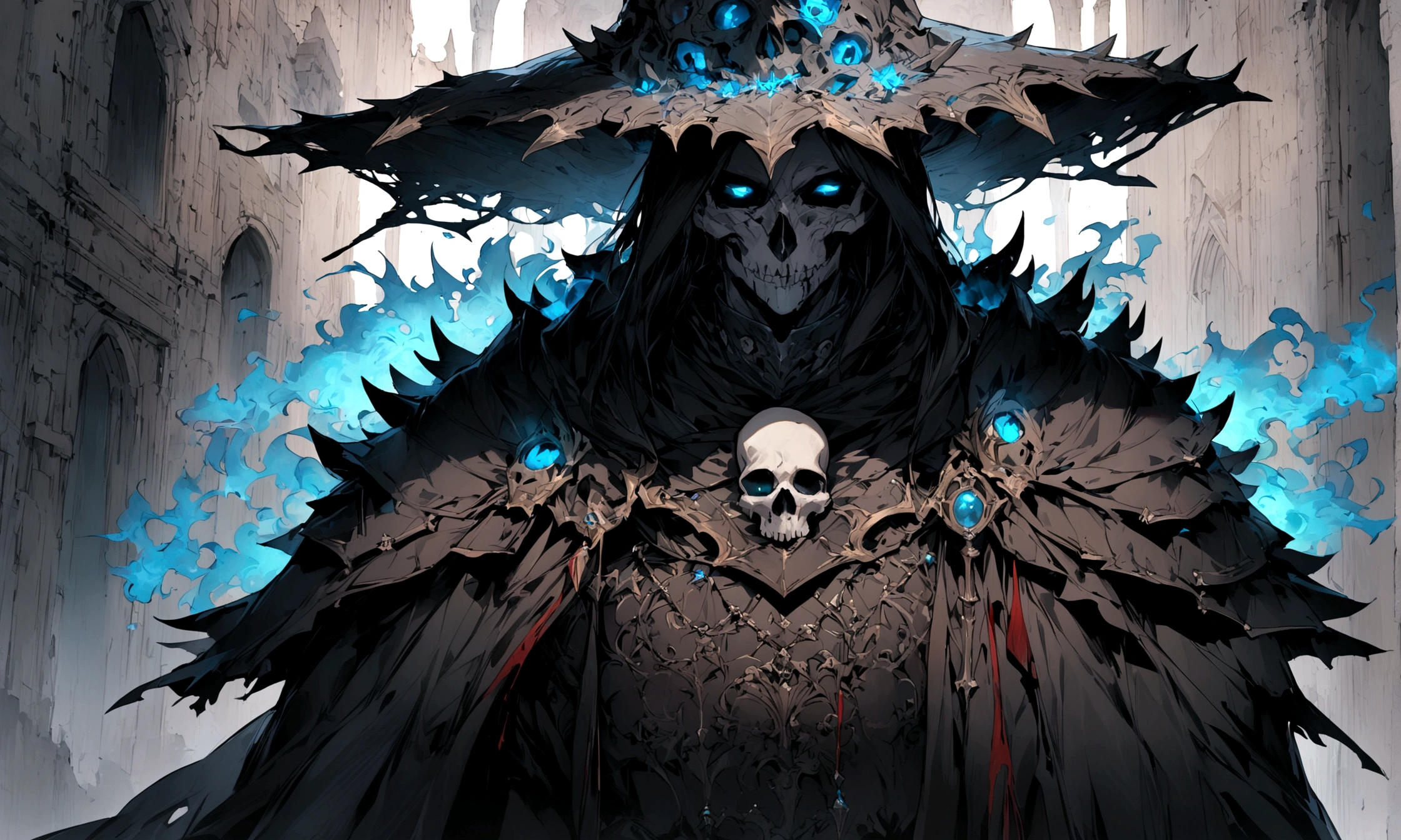 There is blood,1 boy,Skull Mask,armor,Male focus,Solitary,arms,sword,peak,Looking at the audience,blue_fire,cloak,Put on your hat,Keep,(masterpiece), (best quality), Human Development Report, Intricate details,