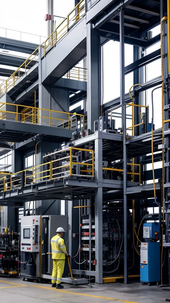image showing a stopped production line with a technician checking the machine.
