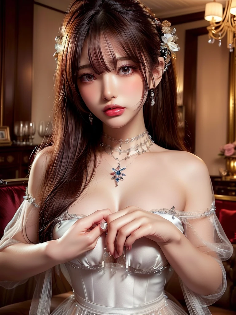 ((Highest quality)),(Ultra-high resolution),(Very detailed),(Detailed Description),((The best CG)),(masterpiece),Highly detailed art、Small breasts、(((See-through dress 1.5)))、hair ornaments、Tie your hair、Sparkly necklace、Ultimate Beauty 1.5、(((Place your right hand on your mouth 1.5)))、Brown Hair、Smiling gently 1.2、Luxurious living room