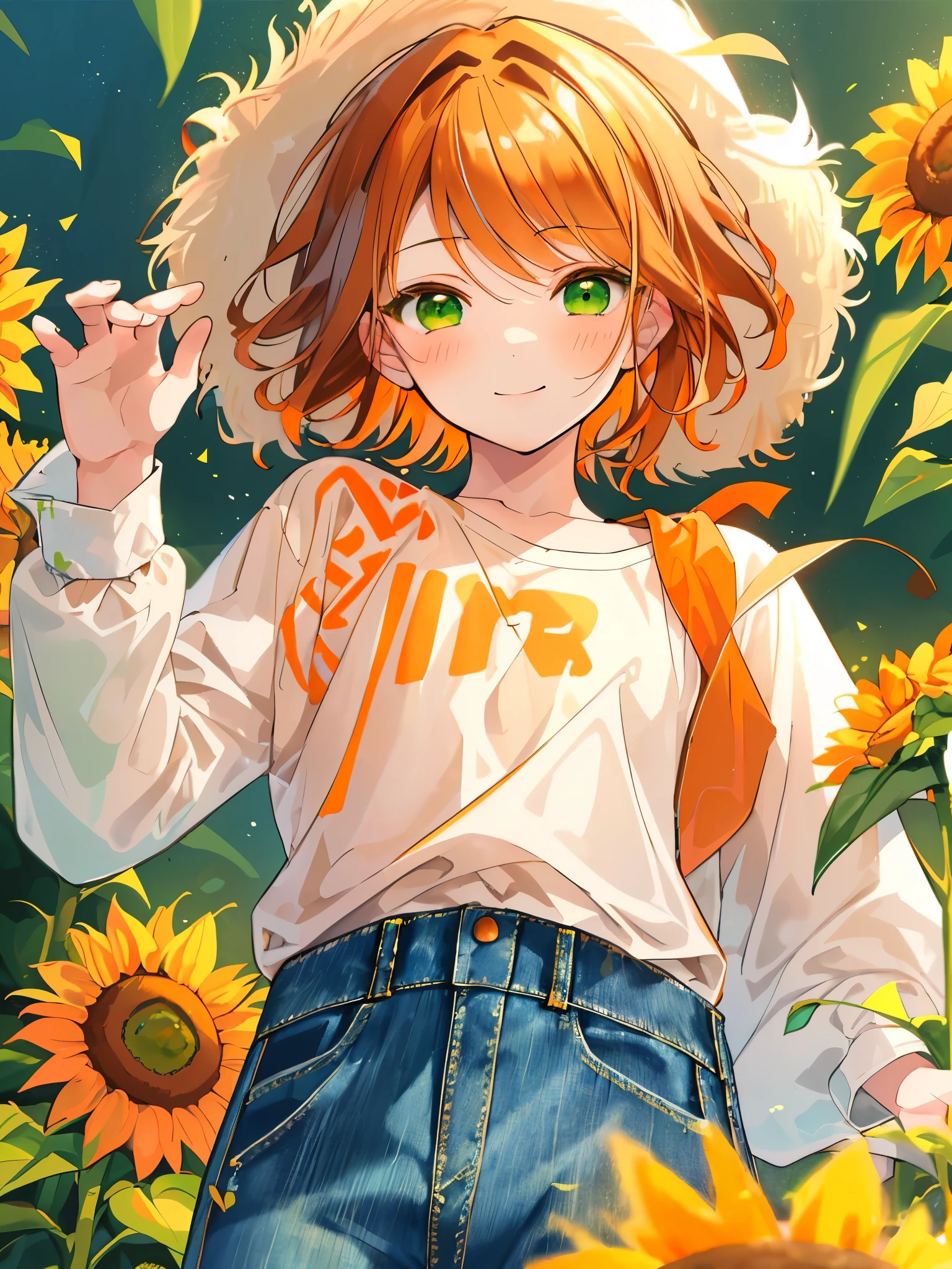 masterpiece、Highest quality、Super detailed、Very delicate、solo、One boy、1 male、(Orange brown hair:1.25),(Fluffy hair:1.2),(short hair:1.2),(Center parted bangs),sunflower,(Green Eyes:1.4),(blush)、smile,(Long sleeve shirt:1.25),(denim:1.35),