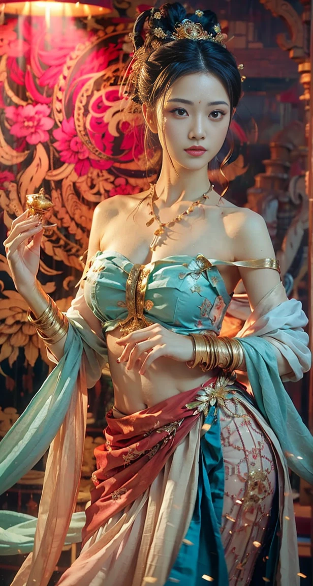 (original photo, best quality), (Practical, Realistic and real: 1.3), best quality, Very detailed, masterpiece, Super detailed, illustration, 1 girl, Predominant_Body, Dynamic angle, World Domination Theater, messy_long_hair, best quality, Extremely exquisite beautiful girl, Soft and fair skin, Exquisite facial features, Perfect face, Sexy collarbone, dance, Dunhuang_skirt, dance, l Exquisite forehead and hands, slender eyelashes, Exquisite eyes, Bare shoulders, Stunning beauty, Extreme details, Realistic details, abdomen, Umbilical cord, Extremely detailed CG unified 8k wallpaper, amazing, Sexy, Peach Blossom Eyes, Light makeup, Smile, lamp, lens_Flare, Dunhuang_style, 婆婆dance, Bare shoulders, Ribbon, floating, lamp笼, Flying Pipa Girl,