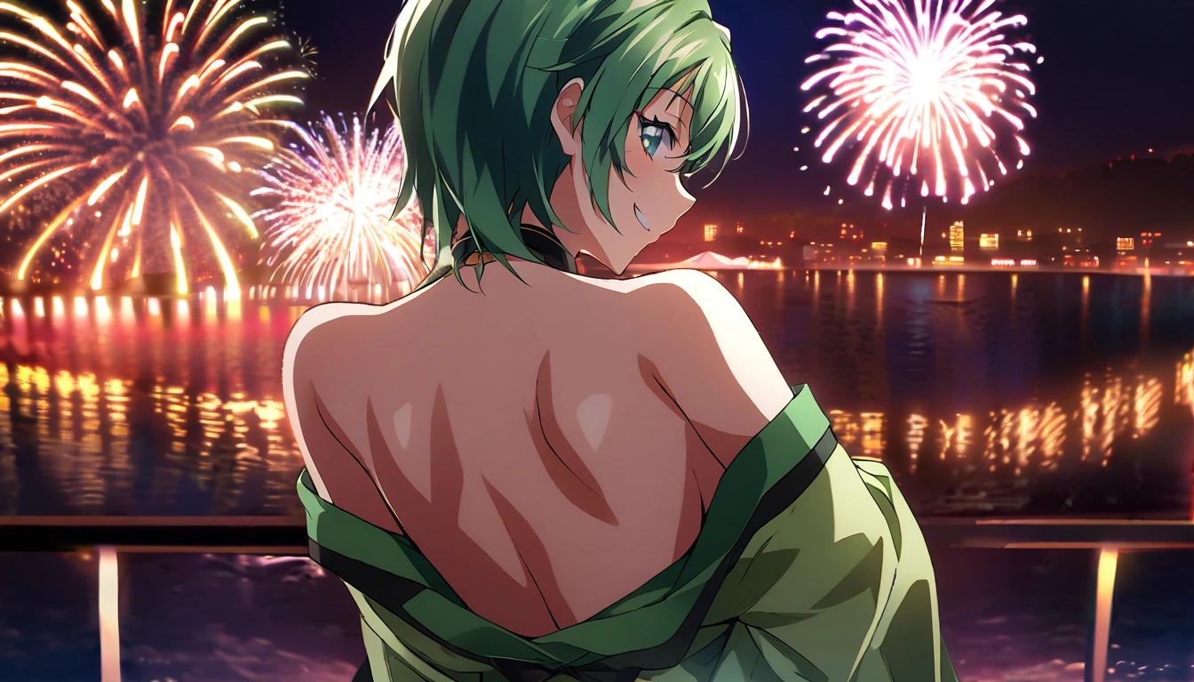 score_9, score_8_up, score_7_up, source_anime, from behind, solo, 1girl, odelschwanck, smile, looking back, skull, green kimono, off shoulder, bare shoulders, backboob, Fireworks