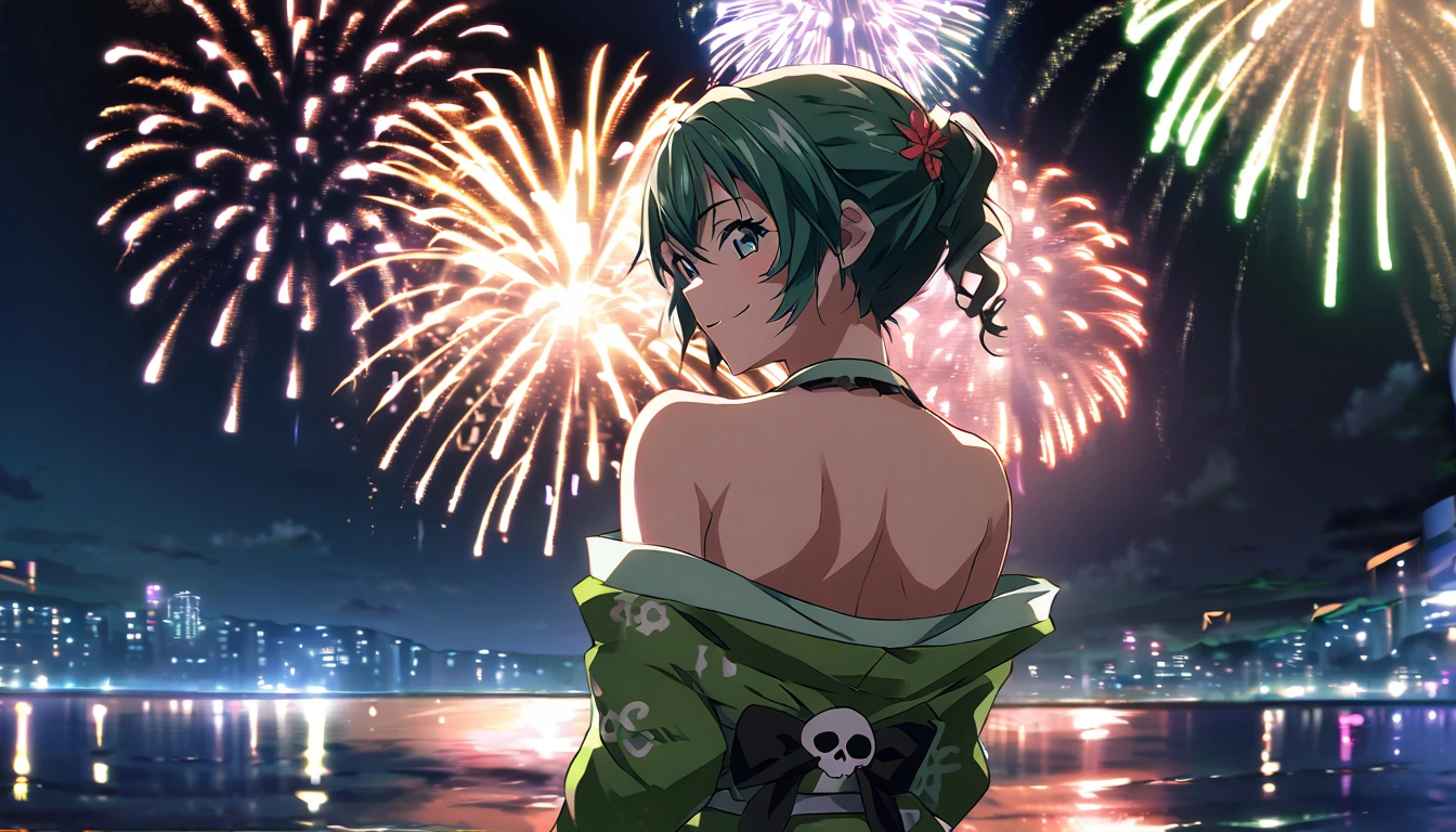 score_9, score_8_up, score_7_up, source_anime, from behind, solo, 1girl, odelschwanck, smile, looking back, skull, green kimono, off shoulder, bare shoulders, backboob, Fireworks