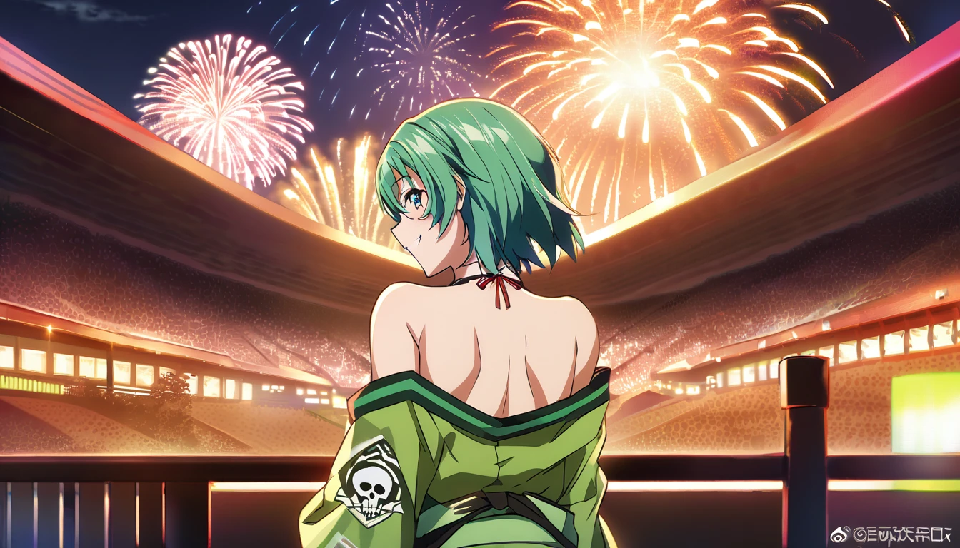 score_9, score_8_up, score_7_up, source_anime, from behind, solo, 1girl, odelschwanck, smile, looking back, skull, green kimono, off shoulder, bare shoulders, backboob, Fireworks