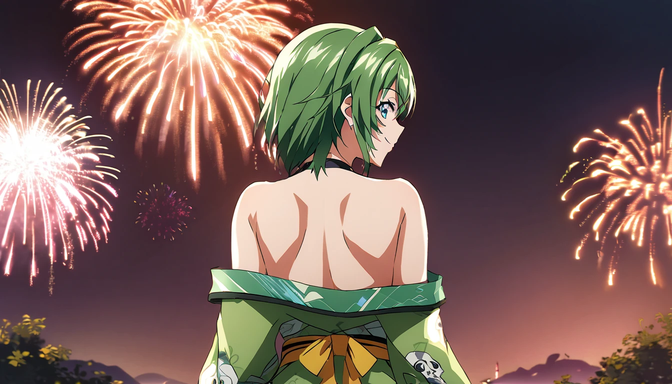 score_9, score_8_up, score_7_up, source_anime, from behind, solo, 1girl, odelschwanck, smile, looking back, skull, green kimono, off shoulder, bare shoulders, backboob, Fireworks