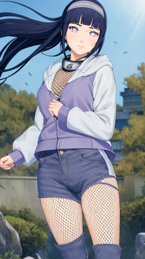 masterpiece, absurdres, 1girl, hinata, solo,hooded jacket, fishnets, headband around neck, looking at viewer, floating hair, wind, blue pants,  , hinata,(looking at viewer:1.2), natural lighting, foutdoors, full body, fishnets, forehead protector,  hoodie, sexy pose, lewd pose