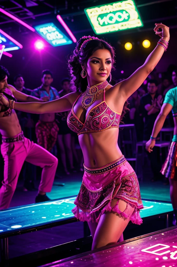 A Mexican woman dancing in a table dance club, captured in a realistic style. She is wearing a vibrant and intricately designed traditional dance outfit, modified for a more modern, sensual look, with bright colors and flowing fabrics. The club is dimly lit, with neon lights casting vivid blues, pinks, and purples across the room. The dance stage is illuminated by spotlights, highlighting her graceful and captivating movements. In the background, several men are slumped over tables and chairs, clearly passed out from intoxication, with empty bottles and glasses scattered around them. The overall scene combines elements of traditional Mexican culture with the lively, chaotic atmosphere of a neon-lit nightclub.