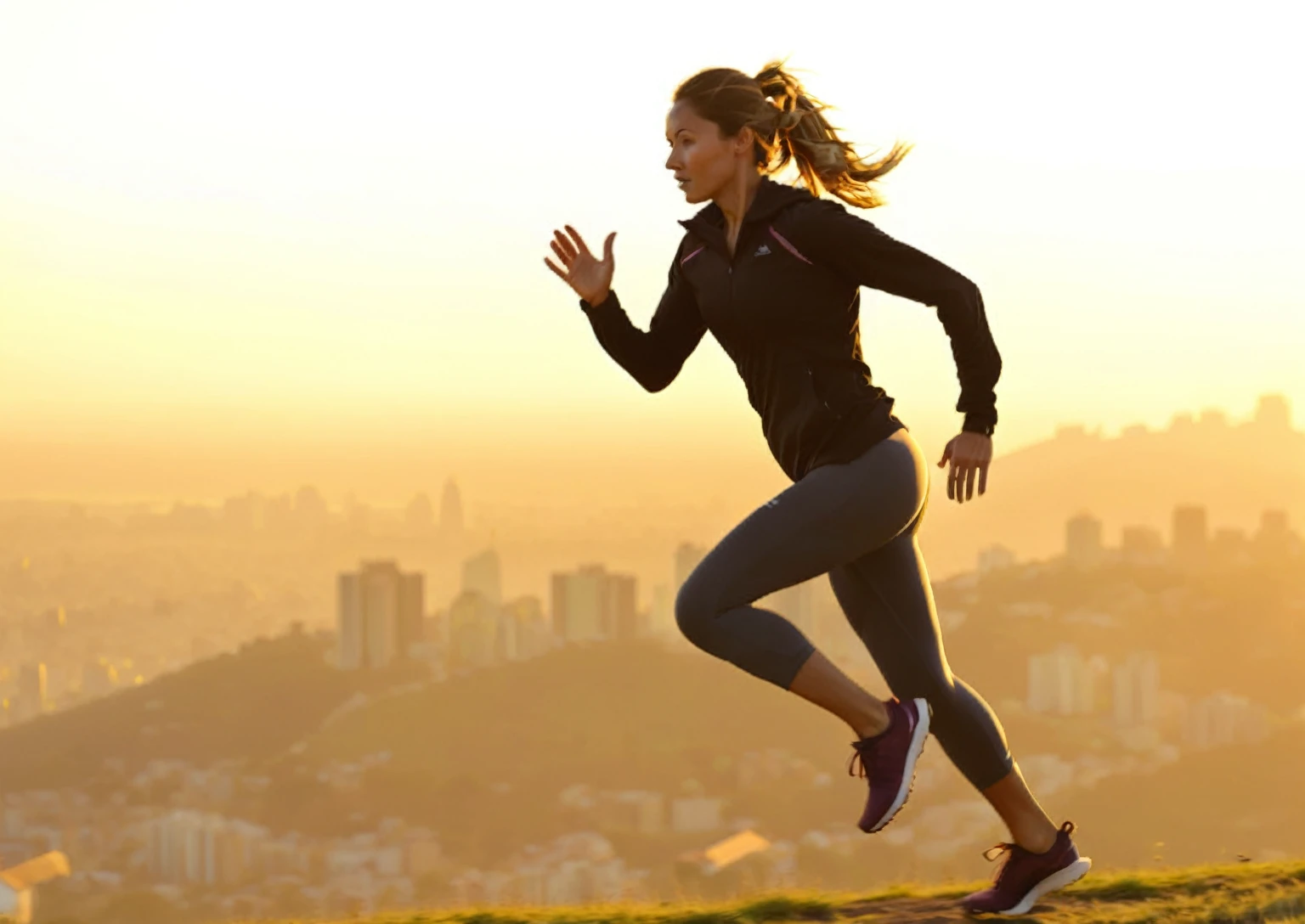 arafed woman running on a hill with a city in the background, girl running, girl is running, running freely, running pose, running, dynamic active running pose, sports clothing, stretch, be running up that hill, sprinting, running sequence, people running, motivational, fast paced, comfortable, surrounding the city, fit woman, sport clothing, gripping