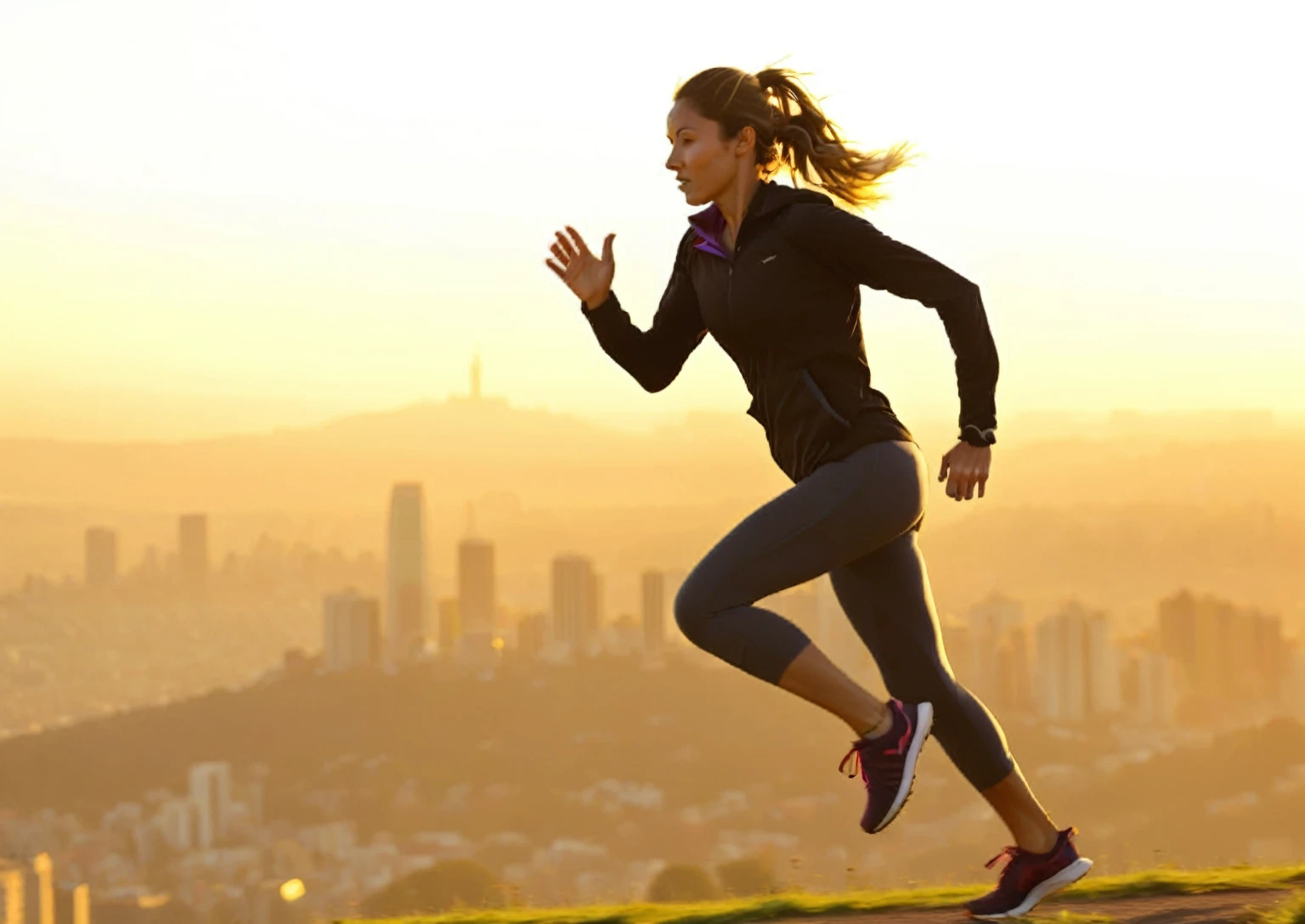 arafed woman running on a hill with a city in the background, girl running, girl is running, running freely, running pose, running, dynamic active running pose, sports clothing, stretch, be running up that hill, sprinting, running sequence, people running, motivational, fast paced, comfortable, surrounding the city, fit woman, sport clothing, gripping