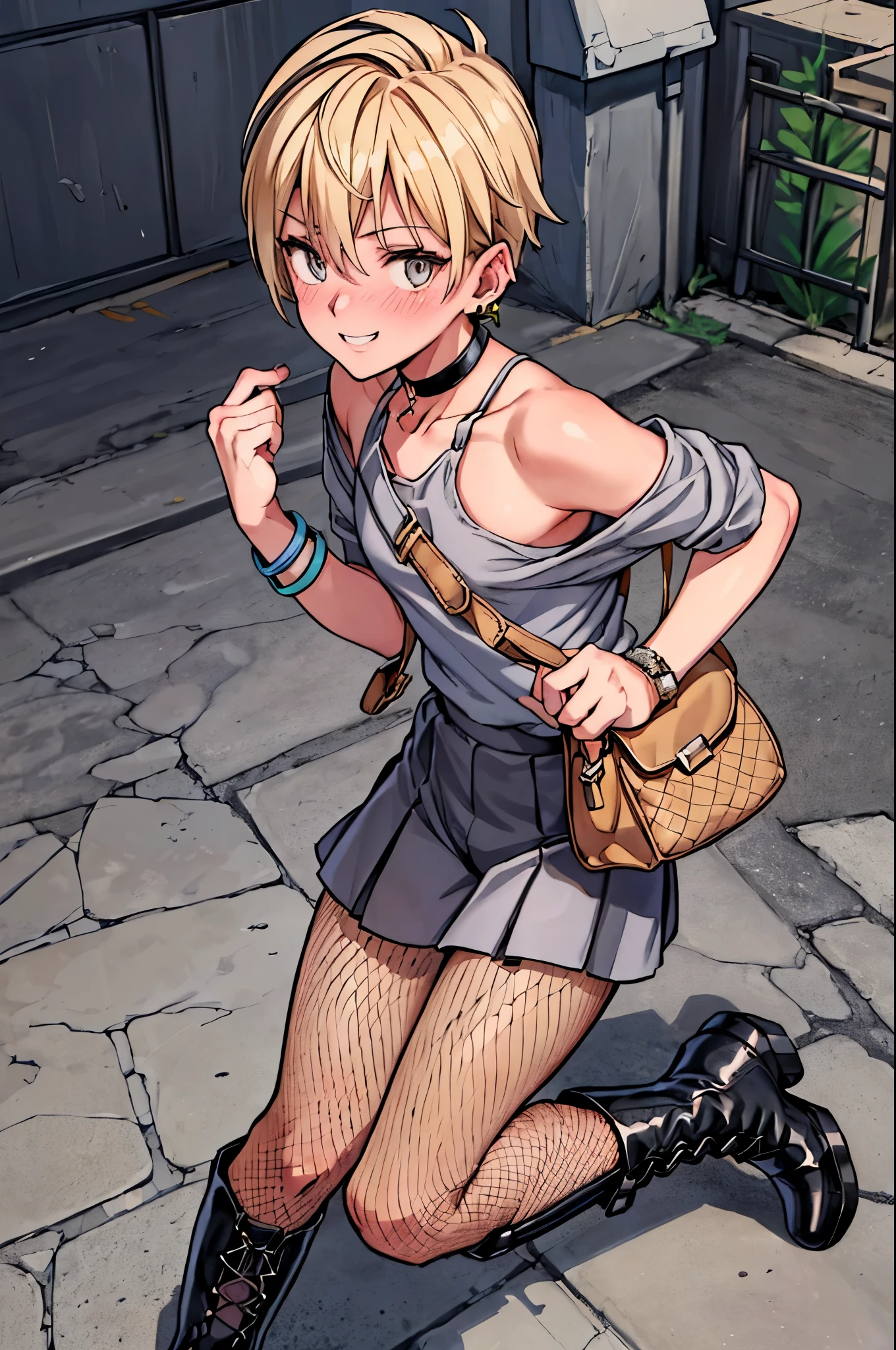"best quality,ultra-detailed,((background:outside the park1,8)),(one boy),(full body),portraits,((sissy boy,tomboy,FemBoy,trap1,8)),bulge1,8,(natural makeup),black choker,necklace,earrings,(short blonde hair),boy's face,boys body,((nose-blush)),((grin)),((street-casual-style)),(Parker),(fishnet-pantyhose),(engineer-boots),(he’s having shoulder bags),vibrant colors,soft lighting"