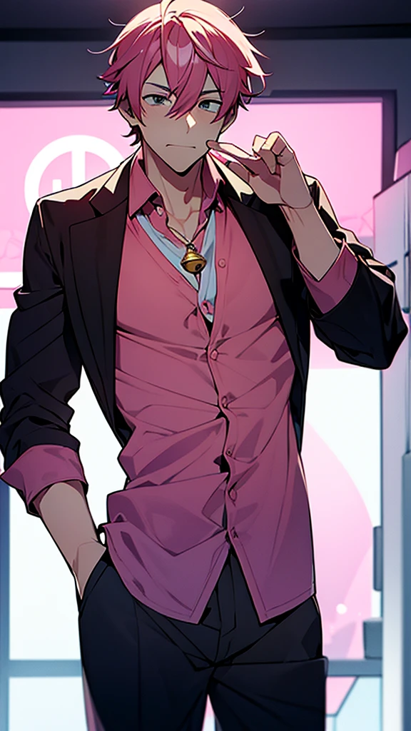 1 grown up man-boy, pink hair ornament,headset, pink, Looking ahead,no pants,Wear a pink collar with a bell,Have muscles ,open thigh, Raise your leg,Have a cold expression.