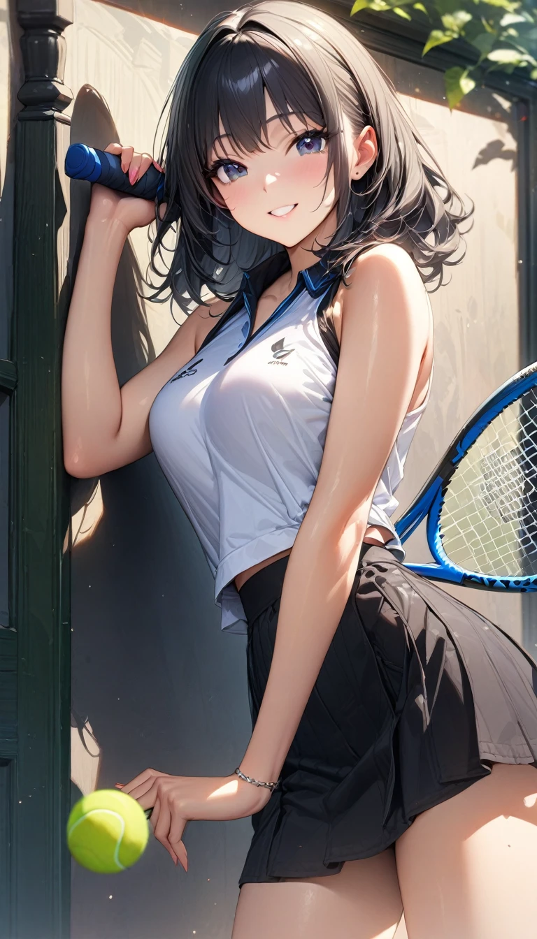 (masterpiece),(Highest quality),(Very detailed),(Best illustrations),(Best Shadow),Natural Light,(Detailed Background),(so beautiful)(masterpiece),(Highest quality),(Very detailed),(Best illustrations),(Best Shadow),(Detailed Background),(so beautiful), masterpiece, Highest quality, High resolution,,(masterpiece1.5),super high quality, Super detailed,Perfect drawing,girl,solo,smile,tennis,tennisウェア,Hall々A pose,(Top Gravure Model),Super cute,(Highest quality,High resolution,masterpiece:1.2),Super detailed,Vibrant colors,View here,Beautiful woman、Beautiful shiny skin,、((Clear Face))、High Resolution,Vibrant colors、完璧な美しいgirl