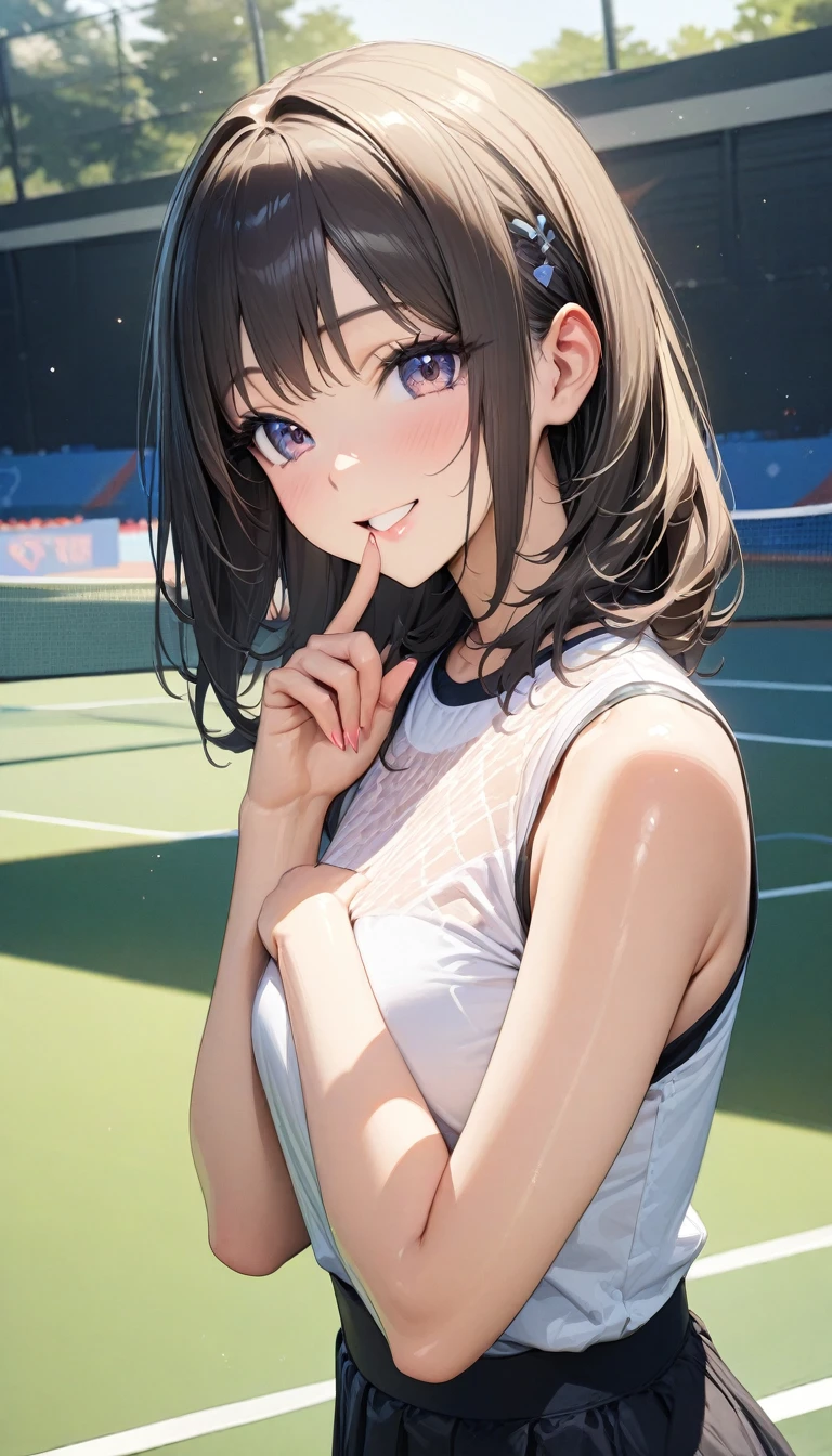 (masterpiece),(Highest quality),(Very detailed),(Best illustrations),(Best Shadow),Natural Light,(Detailed Background),(so beautiful)(masterpiece),(Highest quality),(Very detailed),(Best illustrations),(Best Shadow),(Detailed Background),(so beautiful), masterpiece, Highest quality, High resolution,,(masterpiece1.5),super high quality, Super detailed,Perfect drawing,girl,solo,smile,tennis,tennisウェア,Hall々A pose,(Top Gravure Model),Super cute,(Highest quality,High resolution,masterpiece:1.2),Super detailed,Vibrant colors,View here,Beautiful woman、Beautiful shiny skin,、((Clear Face))、High Resolution,Vibrant colors、完璧な美しいgirl