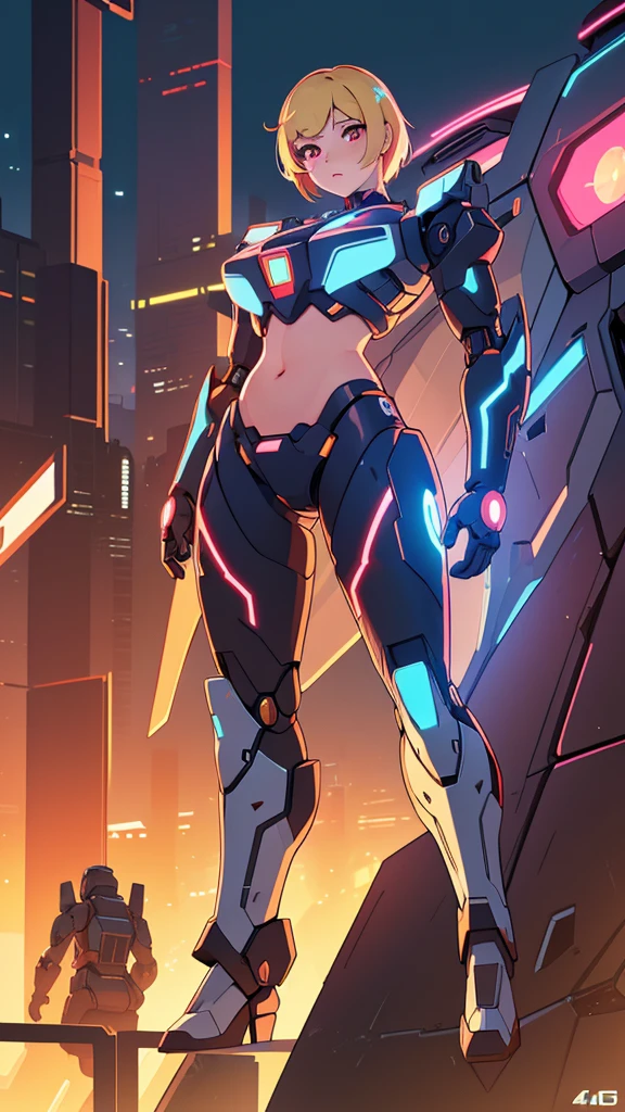 A beautiful idol girl with blond short hair and red eyes, wearing a mecha-themed idol outfit that exposes her belly, (best quality,4k,8k,highres,masterpiece:1.2),ultra-detailed,(realistic,photorealistic,photo-realistic:1.37),extremely detailed eyes and face,longeyelashes,beautiful detailed lips,beautiful detailed eyes,highly detailed,intricate,complex,futuristic mecha design,dynamic pose,colorful lights,glowing neon accents,cinematic lighting,vibrant colors,sci-fi,cyberpunk,digital painting