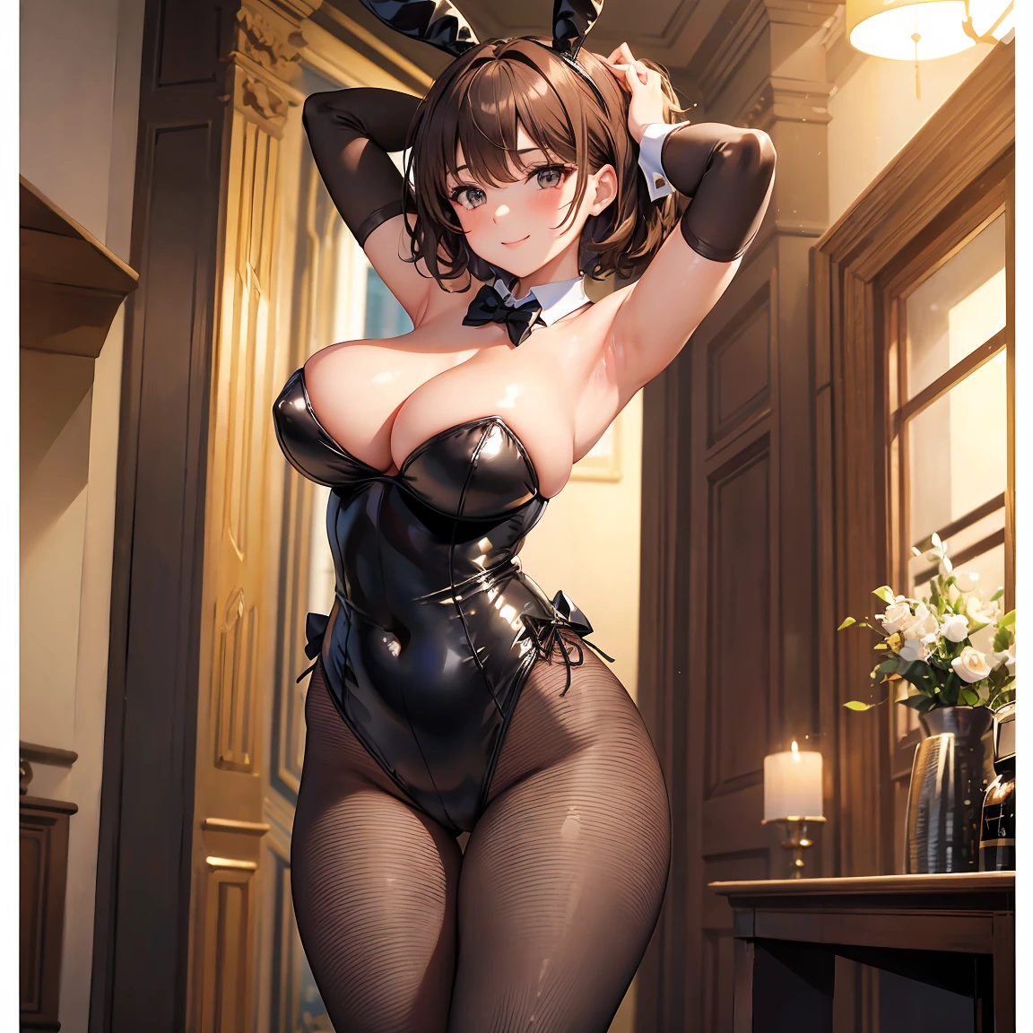 Beauty, Big Breasts, Brown Hair, Short Bob, Loosening perm, masterpiece, high quality, 4K, Inside the room, smile, Dynamic pose, Fishnet tights, Black leotard bunny suit, Cleavage, Covered breasts, Collar with bow tie, cuffs, Put your arms behind your head