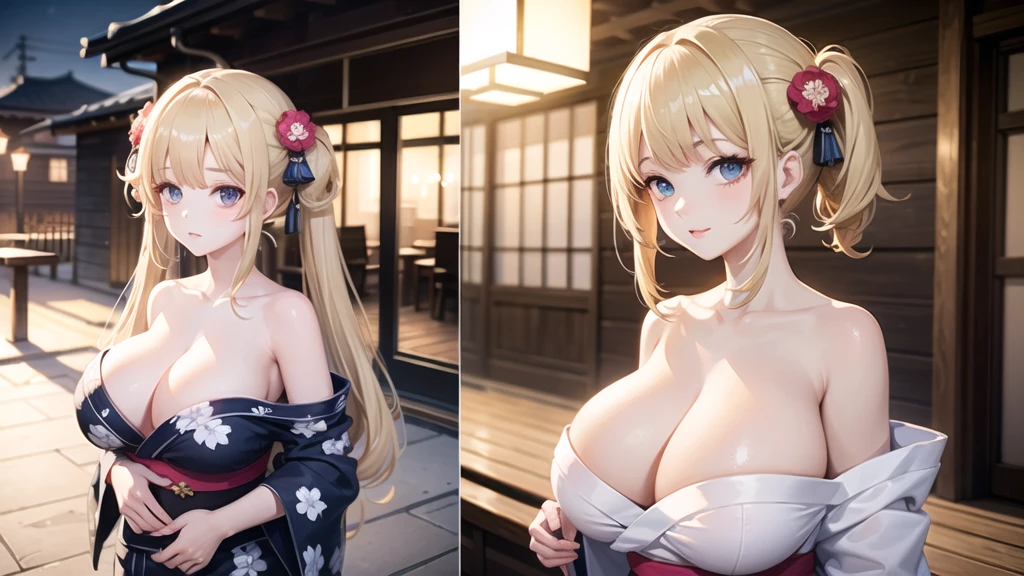 (((masterpiece, best quality))), (((superior quality))), cute girl, ((extremely detailed girl)), ((huge breasts)), (yukata), (bare shoulders), strapless top, twin-tail blonde
