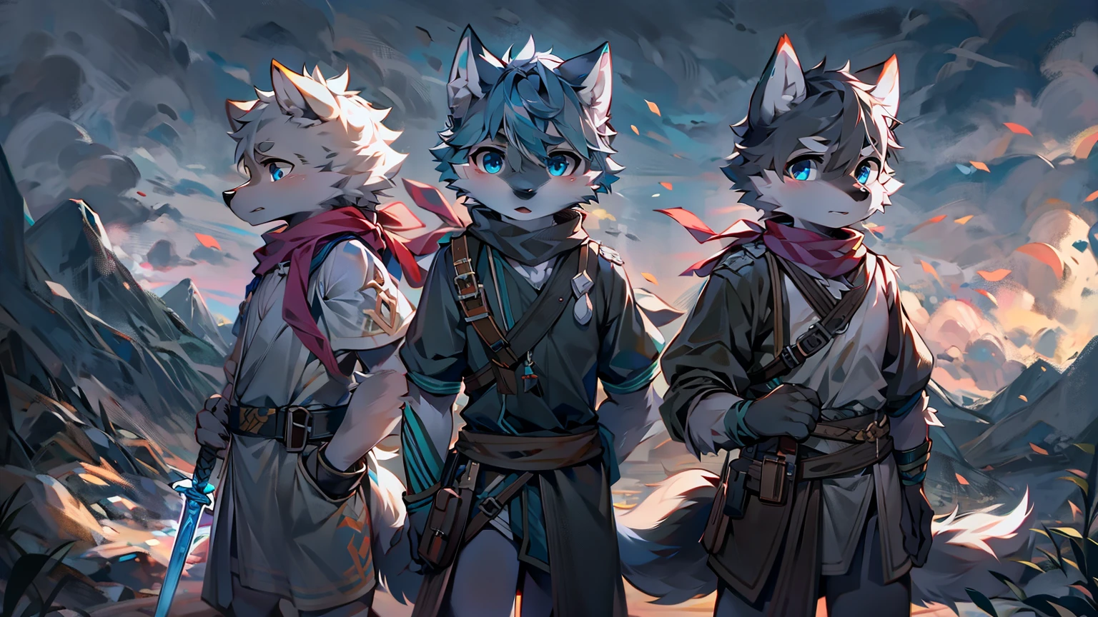Wolf,juvenile,male,Gray-black fur,Sky blue eyes,Ancient combat uniform,scarf,Holding a long sword,Scabbard back,permanent,The only one,dawn,illumination,Break