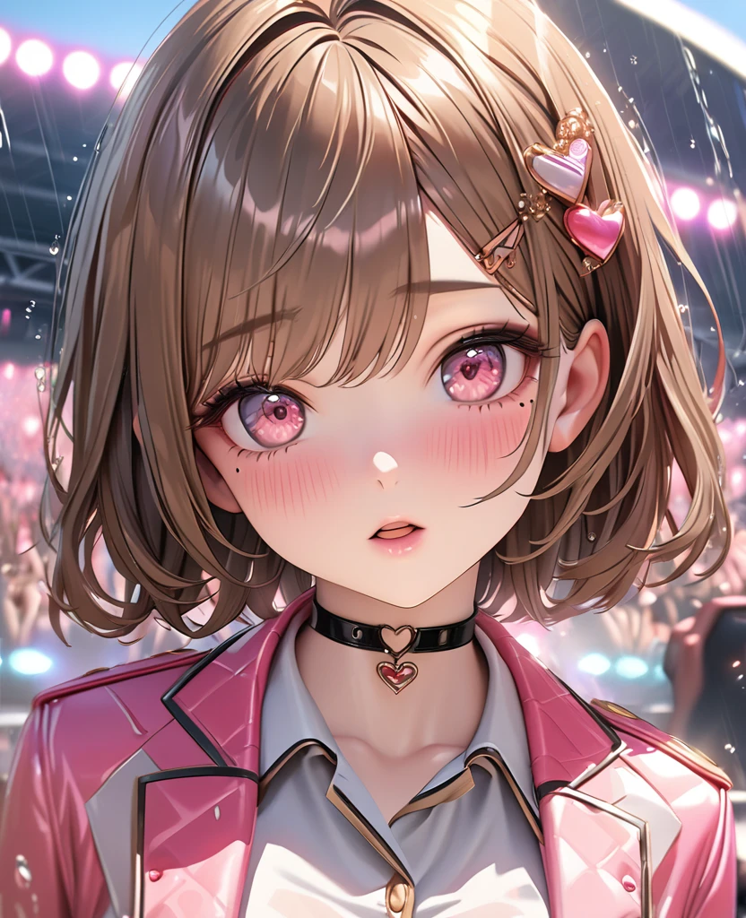 masterpiece, best quality, ultra detailed, high resolution, expensive resolution, HDR, 4k, 8K, uniform 8k wallpaper, ultra detailed CG, masterpiece, realistic, 2D, 3D, beautiful details, depth, fine texture, ultra fine: 1.3, perfectly focused, crispy .skin, .he, very cute anime girl, idol, drenched in heavy rain outdoor stage, chest part is visible through, brown short twin-tail hair wearing expensive clothes, one girl, one person, brown short twin-tail hair, idol, mole under eye, looking at the viewer, expensive, blush, mole, open lips, hair accessory, heart-shaped choker, pink eyes, choker