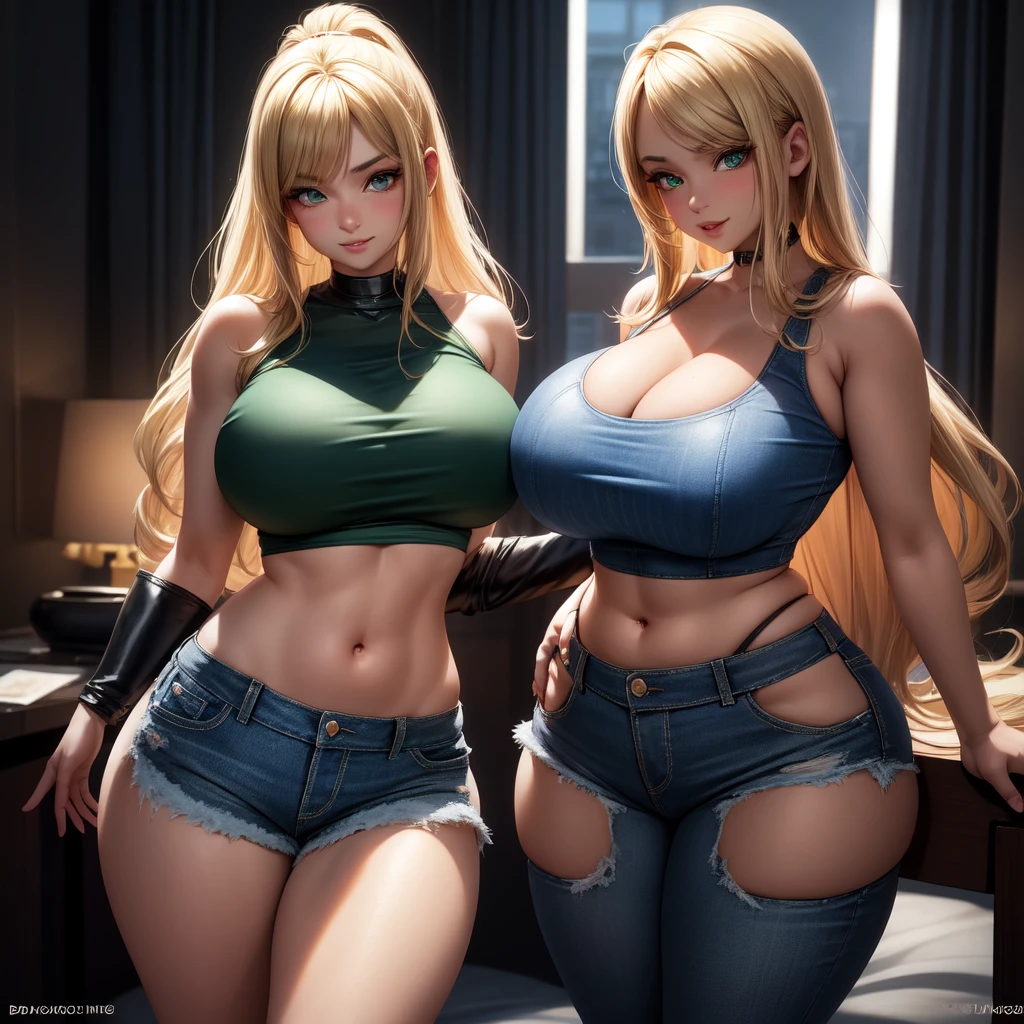 1 girl, solo, Big round breasts, curvy hips, hourglass waist, realistic, bright blonde hair, light green eyes, amazing big eyes, eye details, eyebrow details, crop top, denim skirt, parted lips, blush, confident, dominant, bdsm, smirk, naughty, mischevious face, HD, good quality, crop top, curvy, bedroom setting, standing up