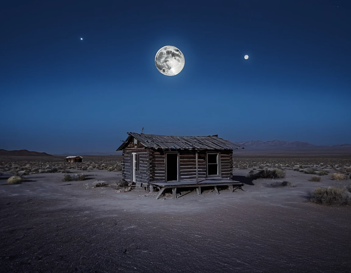 Misty desert landscape, An abandoned cabin with a full moon in the distance