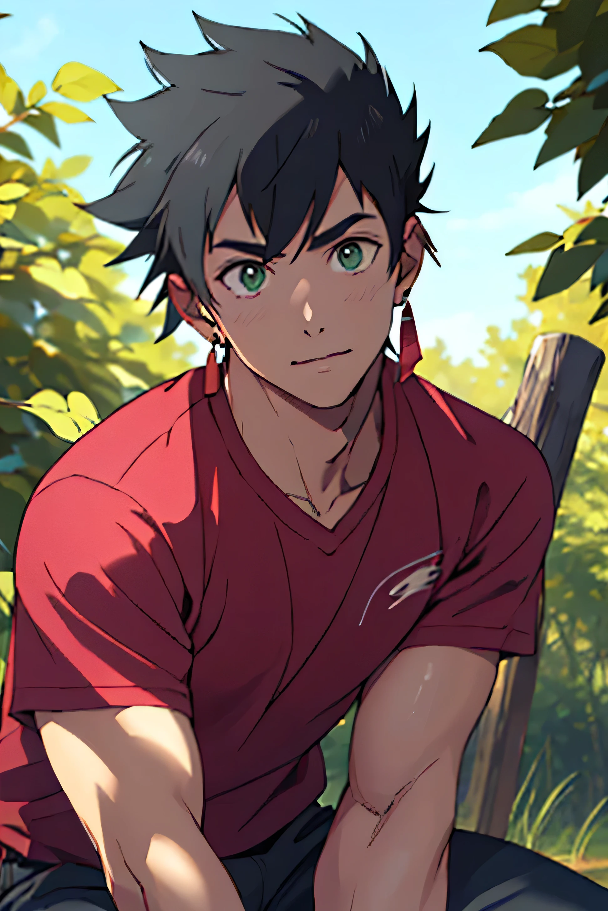((best quality)), ((masterpiece)), (detailed), 1guy, black hunter outfit, black hair, green eyes, red shirt, hanafuda earrings