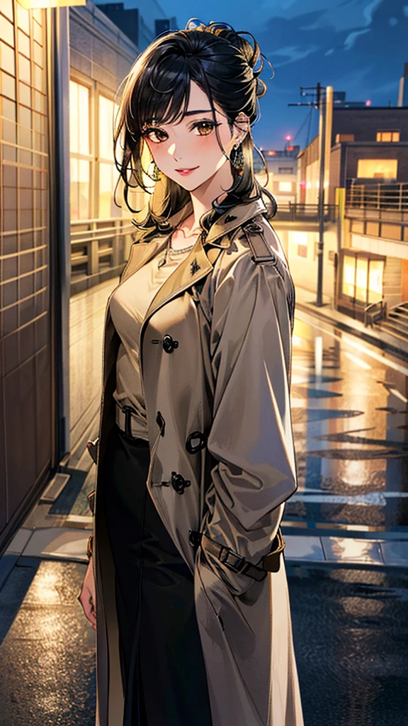 (masterpiece:1.3, Highest quality, Ultra-high resolution, Super detailed), (Realistic, photoRealistic:1.4), Beautiful illustrations, Perfect lighting, colorful, Depth of written boundary, 
Beautiful detailed hair, Beautifully detailed face, Beautiful fine details, Beautiful clavicle, Beautiful body, 美しいLarge Breasts, Beautiful thighs, Beautiful feet, Beautiful fingers, 
(Open Court、Beige trench coat:1.4), ((blouse、Black long skirt 1.4))、
View Viewer、Front view:0.8, Beauty1人, Japanese, Beauty、30 years old, Perfect Face, (Perfect Anatomy, Anatomically correct), Cute and symmetrical face, Baby Face, , Shiny skin, 
(Black Hair, Updo Hair:1.4),  Dark brown eyes, Large Breasts, Slim body, 
necklace, (Small earrings:1.3), 
(Beautiful views), (night), (city, cityscape in the distance), Are standing, A soft smile、(Smile, Lips parted), 