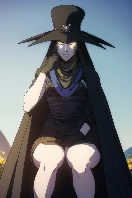 Scathach, solo, female1, shin megami tensei, cape hat, black cape, flower tattoo, gloves, white skin, (yellow eyes 1.5)flowing, sitting, shirt, smile, 
BREAK looking at viewer,
BREAK outdoors,
BREAK (masterpiece:1.2), best quality, high resolution, unity 8k wallpaper, (illustration:0.8), (beautiful detailed eyes:1.6), extremely detailed face, perfect lighting, extremely detailed CG, (perfect hands, perfect anatomy),