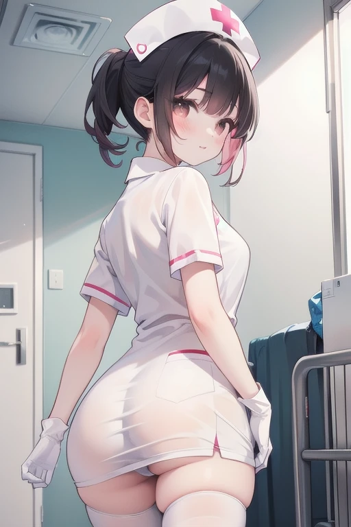 1girl, solo, nurse, nurse cap, white wear, ((white legwear, zettai ryouiki)), white gloves, pink hair, drooping eyes, ((covered nose)), standing, ((hospital room)), sharp outline, short sleeves, best quality, masterpiece,Fleshy,Brown eyes,Fleshy,Black hair,happy,lol,Heart,red waistband,Black clothes,Stick out your butt