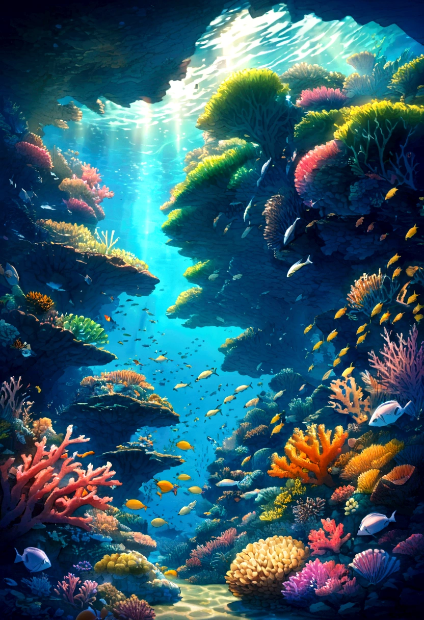 Create an underwater scene where the arrangement of coral reefs or schools of fish form hidden words or images when viewed from a particular angle.