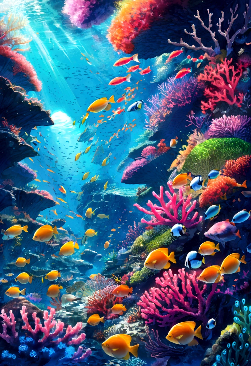 Create an underwater scene where the arrangement of coral reefs or schools of fish form hidden words or images when viewed from a particular angle.