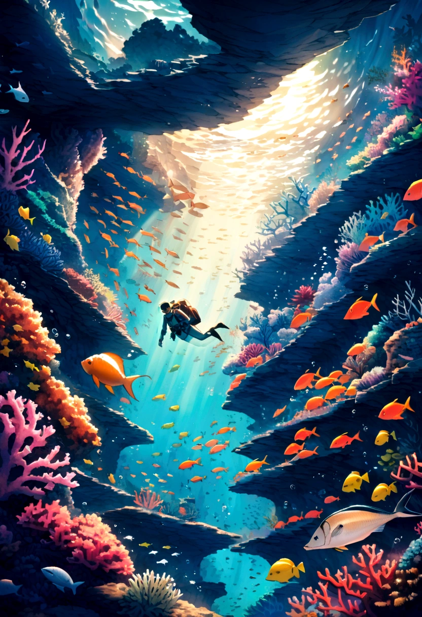 Create an underwater scene where the arrangement of coral reefs or schools of fish form hidden words or images when viewed from a particular angle.