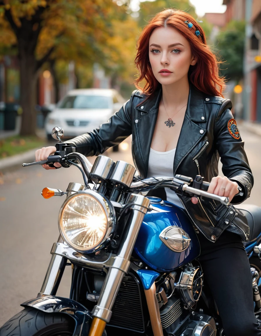 (masterpiece, top quality, best quality, ,ultra highres,8k, ,wallpaper, RAW, intricate details, sharp focus, natural lighting, realistic, professional, delicate, amazing finely detailed, Beautiful and beautiful:1.2), (1 girl:1.3),Very detailed,(rich and colorful:1.1),A beautiful female , blue eyes, black jacket, red hair, seductive eyes , beautiful accessories, tattoo , close up ,outdoor, motorcycle,big bike, speed car