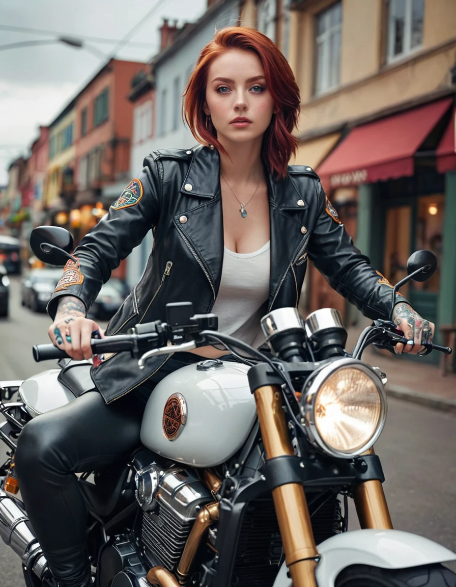 (masterpiece, top quality, best quality, ,ultra highres,8k, ,wallpaper, RAW, intricate details, sharp focus, natural lighting, realistic, professional, delicate, amazing finely detailed, Beautiful and beautiful:1.2), (1 girl:1.3),Very detailed,(rich and colorful:1.1),A beautiful female , blue eyes, black jacket, red hair, seductive eyes , beautiful accessories, tattoo , close up ,outdoor, motorcycle,big bike, speed car