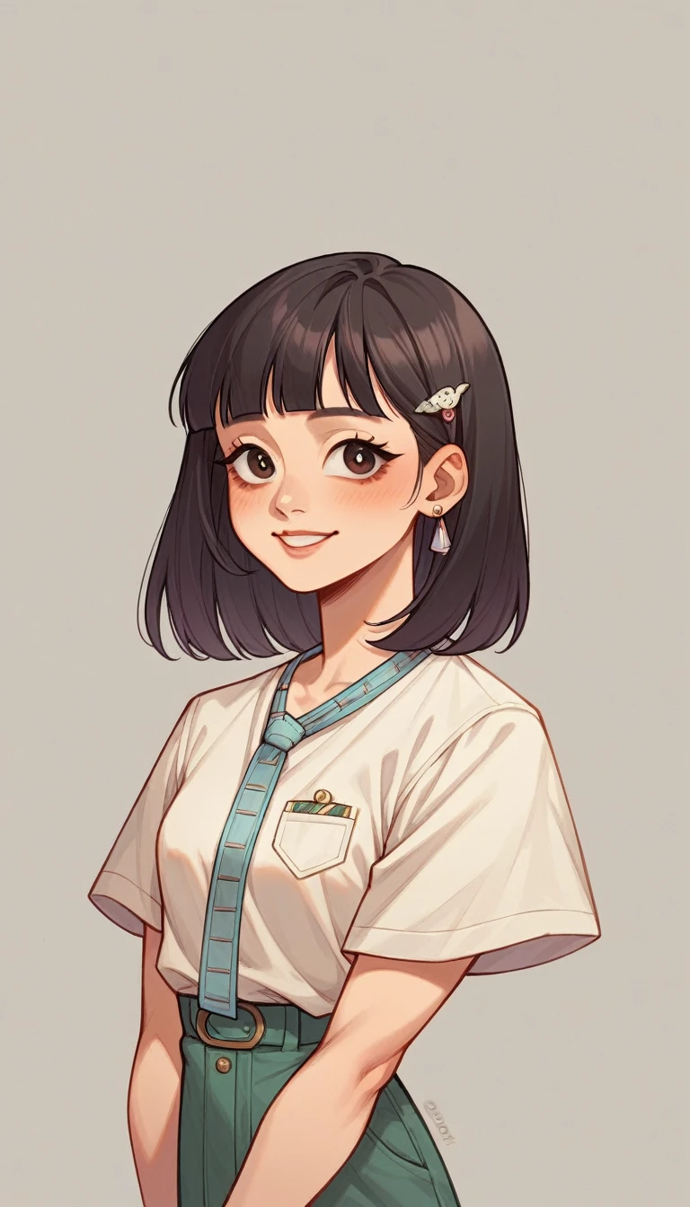 cute style asian girl with smooth skin, ojos grandes y labios lindos, delgada y linda. Vestida con una boina y un vestido suelto, de cabello blanco y largo en ondas fluidas