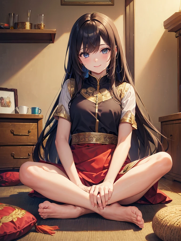 (masterpiece:1.5),(Beat quality),(high res),1girl solo,beautiful face,smile(shining eyes),light effects,Woman in plain clothes,indian style sitting,room