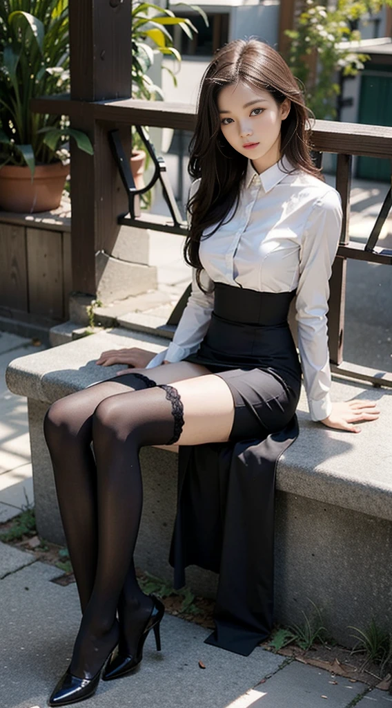 best quality, full body image, delicate face, beautiful face, 25 year old woman, Slender figure, small breasts, OL uniform, office clothes, black stockings, outdoor scene, Sitting position