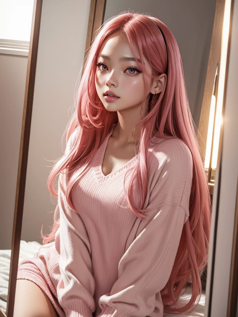 glowing skin, lips, sacimaer detailed skin, Beautiful face and detailed pink eyes, Spotlight, professional lighting, 1 girl, Alone, long hair, wearing a cute pink outfit, natural pose, lips, indoor, realistic, I want the whole image be created, face and body of blackpink's Jennie kim with red hair and in four places with different poses taking a photo with a cell phone in front of the mirror