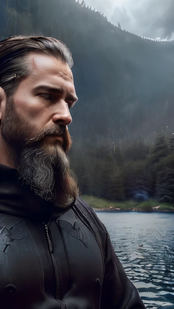 A man with brown hair, 40 years old, ((Viking beard), (((upper body portrait, happy)), nature, lake on the mountain, (((cloudy weather)), ((late afternoon)), ((black clothing), pine trees at the foot of the mountain, cold clothes, realistic lighting, realistic shadows, ultra realistic, photorealistic, 8K, Full HD