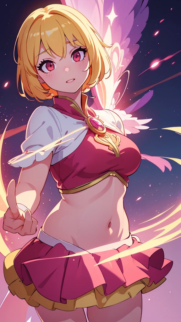 A detailed, beautiful idol girl with blond short hair and red eyes, wearing a magical girl-themed idol outfit that exposes her belly, (best quality,4k,8k,highres,masterpiece:1.2),ultra-detailed,(realistic,photorealistic,photo-realistic:1.37),hyperrealistic,HDR,UHD,studio lighting,extremely detailed face and eyes,detailed beautiful skin,long eyelashes,highly detailed outfit,intricate magical girl design,glowing magical girl effects,dynamic pose,vibrant colors,warm lighting