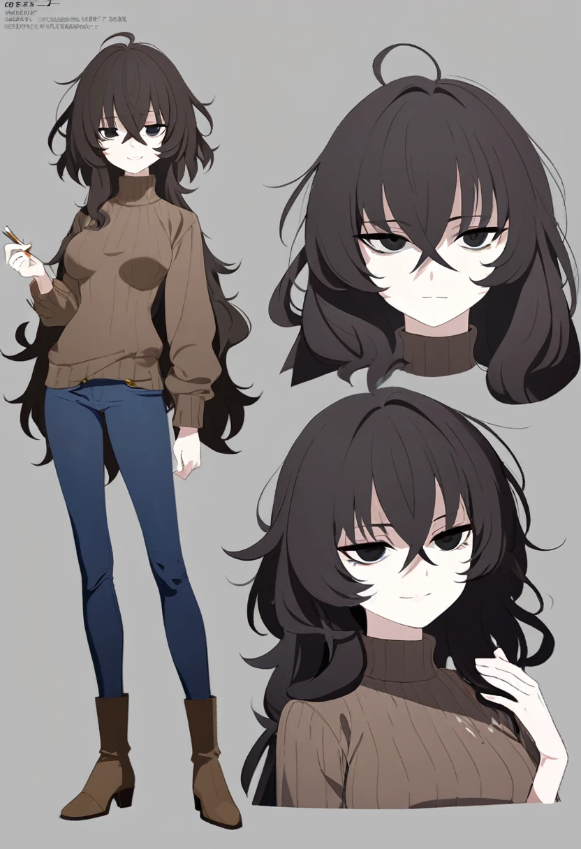 One Woman,Downer,older sister,Concept Art,Dark brown hair,Straight hair with slight inward curls,Staring eyes,Eye Ridge,black eye,Crossed bangs,whole body,smile,Slightly larger breasts,Gray background,Bangs that reach down to the eyes,Messy hair,Tight dark jeans,Brown turtleneck sweater,Multiple views of the same character,Character Design,Dark circles under the eyes,Bad look,Listless,Sloppy,accessories,Cafe staff,Holding a cigarette,whole bodyCharacter Design,Detailed hands,Height: 170cm,boots,
