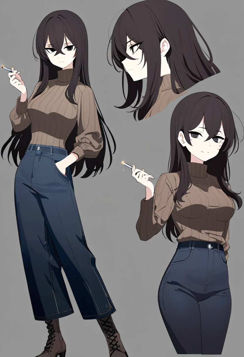 One Woman,Downer,older sister,Concept Art,Dark brown hair,Straight hair with slight inward curls,Staring eyes,Eye Ridge,black eye,Crossed bangs,whole body,smile,Slightly larger breasts,Gray background,Bangs that reach down to the eyes,Messy hair,Tight dark jeans,Brown turtleneck sweater,Multiple views of the same character,Character Design,Dark circles under the eyes,Bad look,Listless,Sloppy,accessories,Cafe staff,Holding a cigarette,whole bodyCharacter Design,Detailed hands,Height: 170cm,boots,
