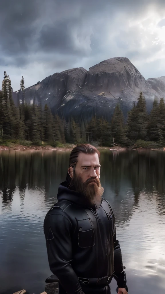 A man with brown hair, 40 years old, ((Viking beard), (((upper body portrait, happy)), nature, lake on the mountain, (((cloudy weather)), ((late afternoon)), ((black clothing), pine trees at the foot of the mountain, cold clothes, realistic lighting, realistic shadows, ultra realistic, photorealistic, 8K, Full HD