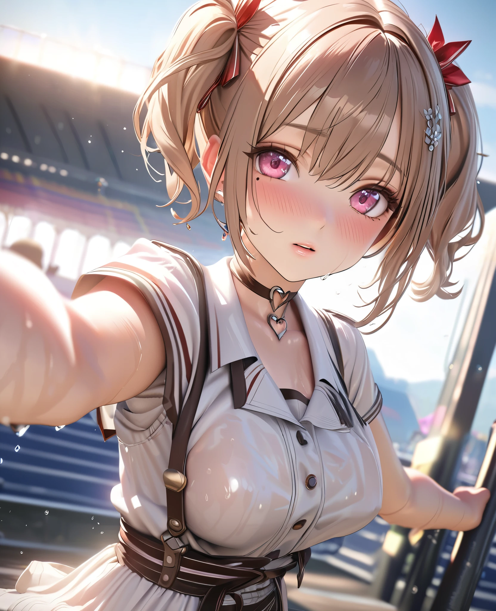 masterpiece, best quality, ultra detailed, high resolution, expensive resolution, HDR, 4k, 8K, uniform 8k wallpaper, ultra detailed CG, masterpiece, realistic, 2D, 3D, beautiful details, depth, fine texture, ultra fine: 1.3, perfectly in focus, crispy .skin, .he, very cute anime girl, idol, brown short twintail hair wearing expensive, Outdoor stage in heavy rain, soaking wet, her breasts visible through the fabric,one girl, one person, brown short twintail hair, idol, mole under eye, looking at the viewer, expensive, blush, mole, parted lips, hair accessory, heart shaped choker, pink eyes, choker