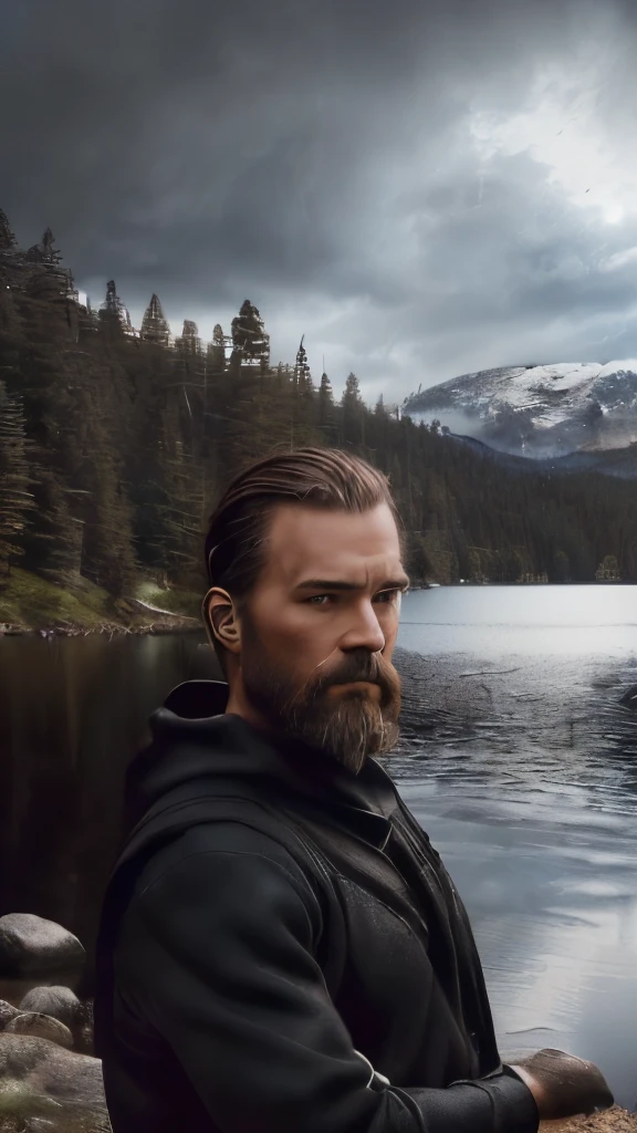 A man with brown hair, 40 years old, ((Viking beard), (((upper body portrait, happy)), nature, lake on the mountain, (((cloudy weather)), ((late afternoon)), ((black clothing), pine trees at the foot of the mountain, cold clothes, realistic lighting, realistic shadows, ultra realistic, photorealistic, 8K, Full HD