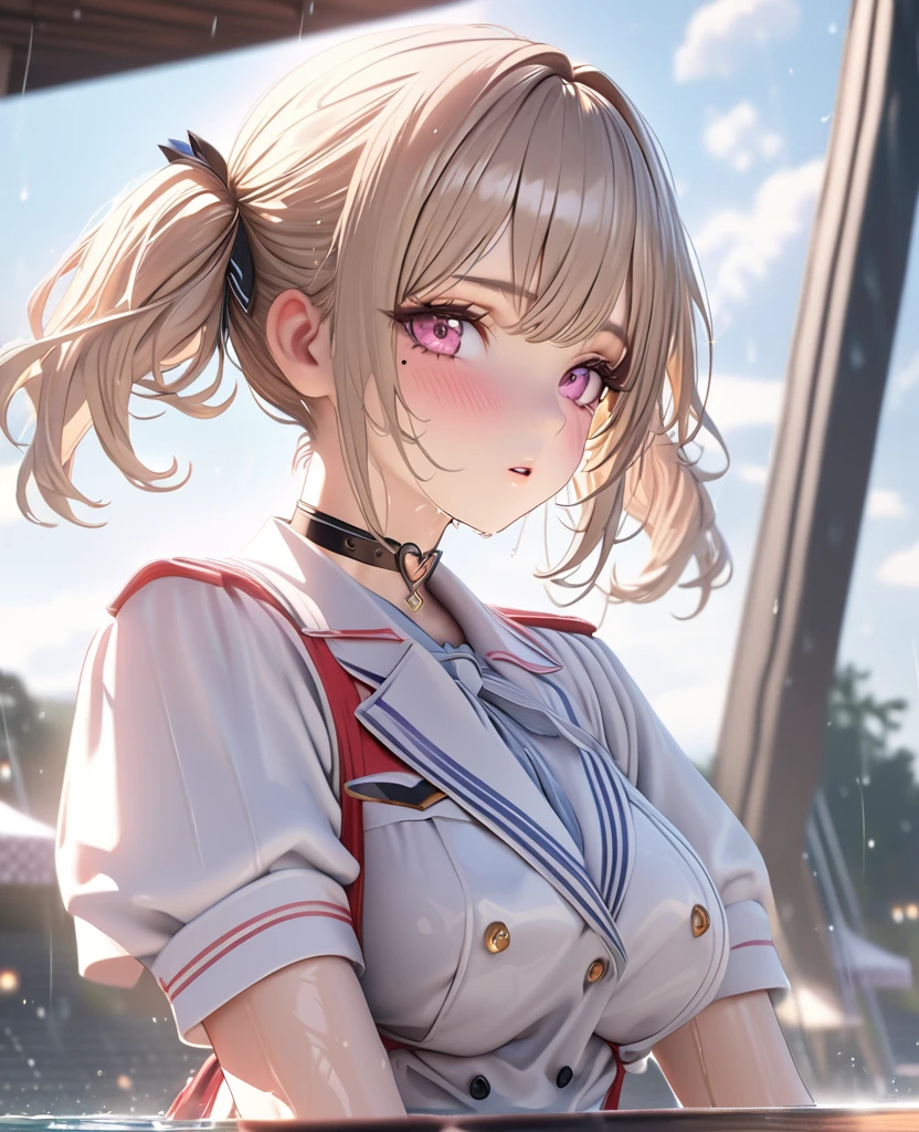 masterpiece, best quality, ultra detailed, high resolution, expensive resolution, HDR, 4k, 8K, uniform 8k wallpaper, ultra detailed CG, masterpiece, realistic, 2D, 3D, beautiful details, depth, fine texture, ultra fine: 1.3, perfectly in focus, crispy .skin, .he, very cute anime girl, idol, brown short twintail hair wearing expensive, Outdoor stage in heavy rain, soaking wet, her breasts visible through the fabric,one girl, one person, brown short twintail hair, idol, mole under eye, looking at the viewer, expensive, blush, mole, parted lips, hair accessory, heart shaped choker, pink eyes, choker