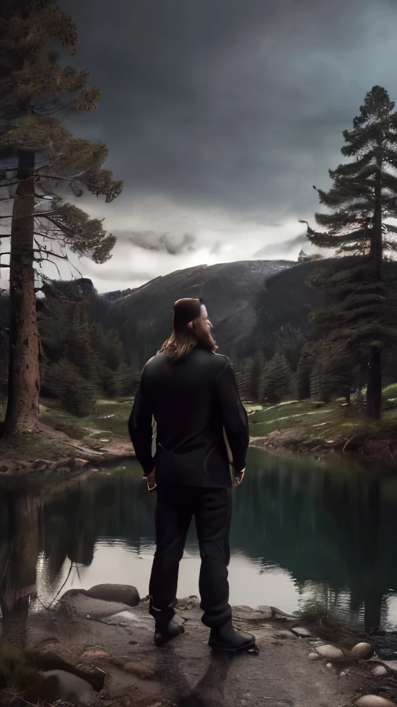 A man with brown hair, 40 years old, ((Viking beard), (((upper body portrait, happy)), nature, lake on the mountain, (((cloudy weather)), ((late afternoon)), ((black clothing), pine trees at the foot of the mountain, cold clothes, realistic lighting, realistic shadows, ultra realistic, photorealistic, 8K, Full HD